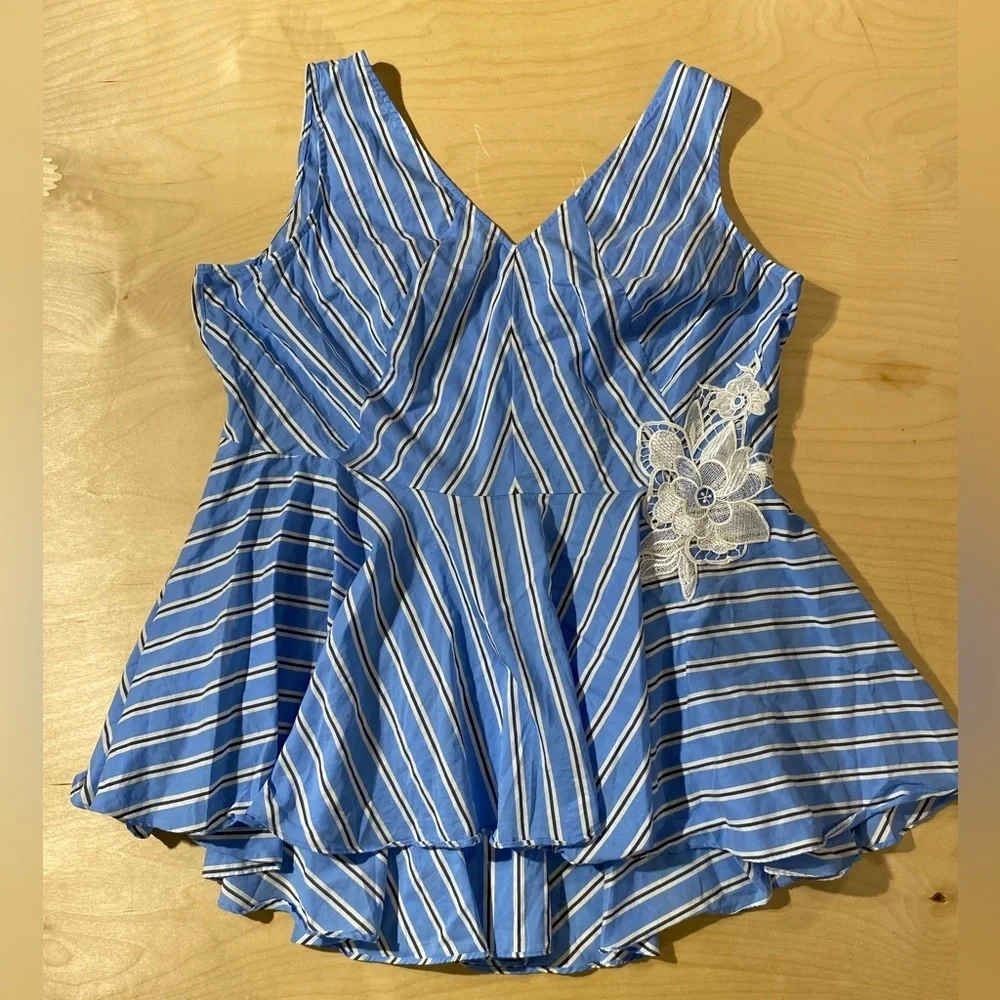 Lane Bryant Blue and White Striped Blouse with Floral Lace 18P (OS)